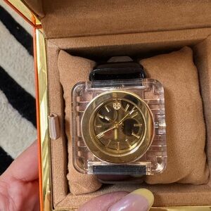 Tory Burch Acrylic with Gold Dial Watch snf Black Strap